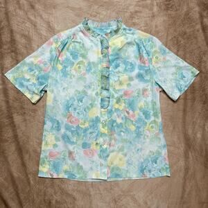 Vintage 70s Graff California Wear Floral Polyester Blouse Multicolor Pastel Boho